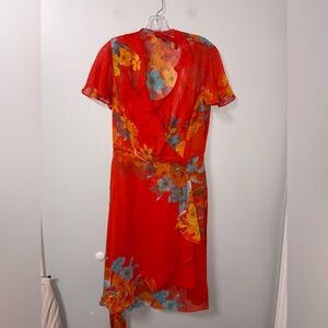 MSK orange sheer floral ruffle faux wrap dress short sleeves women’s 10